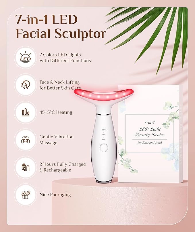7 Color Galvanic Machines - Red Light Therapy for Face and Neck, Face Massager Tool for Wrinkles, Double Chin, Vibrating Facial Massager with Thermals, White-Velvo Beauty