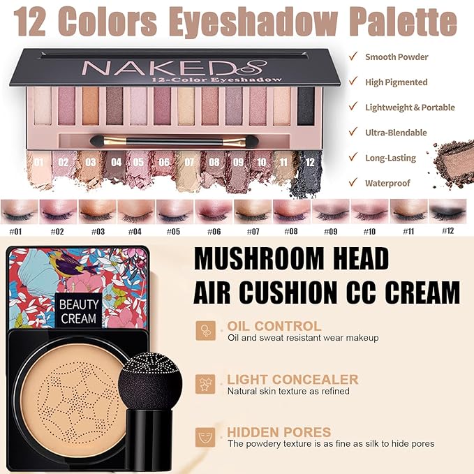 All in One Makeup Kit,Includes Naked Eyeshadow,Liquid Foundation,CC Cream,Lipstick Set,Mascara,Makeup Brush,Makeup Sponge,Eyebrow Powder,Eyebrow Soap,Eyeliner Stamp, Primer,Contour Stick,Cosmetic Bag-Velvo Beauty