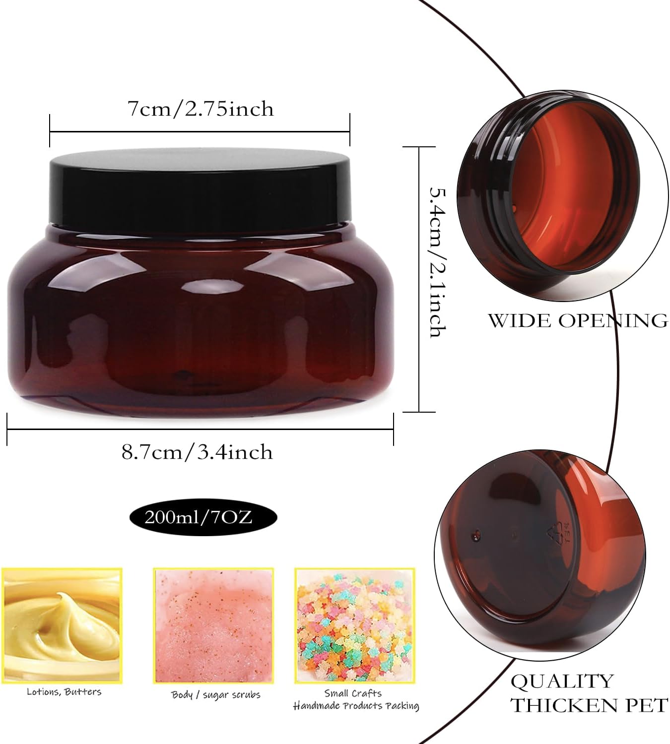 Amber Plastic Jars with Lids, 12 Pack Brown Body Scrub Jars Empty Refillable Containers Round Low Profile Samples Jars for Lotion, Body Butter, Sugar Scrub, Cream (7 OZ)-Velvo Beauty