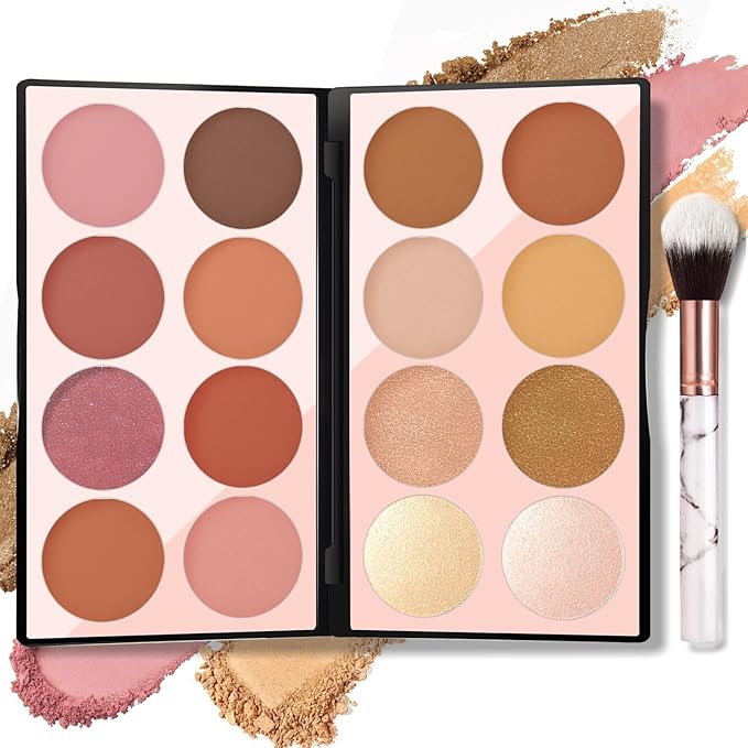 16 Colors Blush Contour Highlighter Makeup Palette with Brush, Matte Mineral Face Blush Powder for Cheek, Bright Shimmer Illuminator Bronzer Professional Facial Beauty Makeup Blushes Set-Velvo Beauty