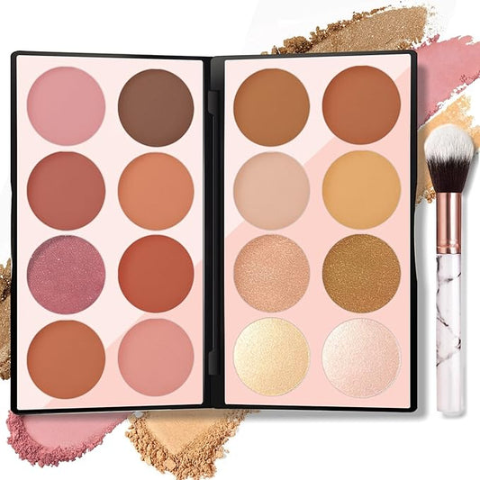 16 Colors Blush Contour Highlighter Makeup Palette with Brush, Matte Mineral Face Blush Powder for Cheek, Bright Shimmer Illuminator Bronzer Professional Facial Beauty Makeup Blushes Set-Velvo Beauty
