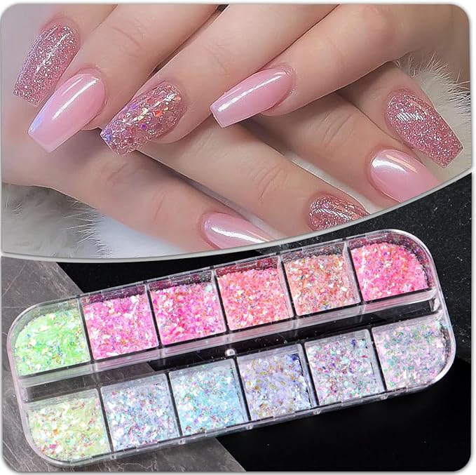 12 Colors Mermaid nail art glitter sequins Iridescent Ice Slag nail glitter flakes Ultra Thin Nail Art Designs 3D holographic nail sequins for Nail Art Supplies Manicure Decoration Accessories-Velvo Beauty