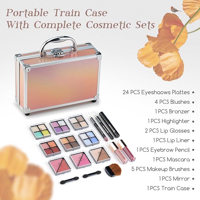 Color Nymph Beginner Makeup Kits For Teens With Train Case Included Full Makeup Kit Eyeshadow Palette Blushes Bronzer Highlighter Lipstick Brushes Mirror（Gold）-Velvo Beauty