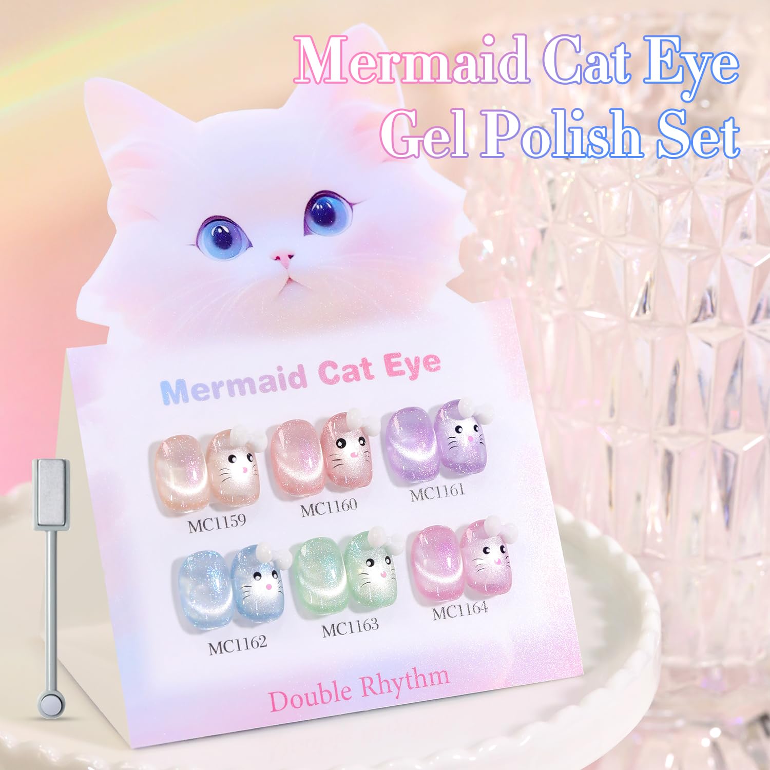 Double Rhythm 6 Colors Cat Eye Gel Polish Set Shimmer Glitter with Magnet Holographic Reflective Magnetic UV Nail Art Kit (6-Kit-48)-Velvo Beauty