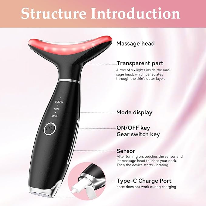 7 Colors Facial and Neck Massager,Lymphatic Contour Face Massager for Womens Skin Care- Rejuvenation- Lifting- Toning- Glow Boost-Tightening and Smooth (Black)-Velvo Beauty