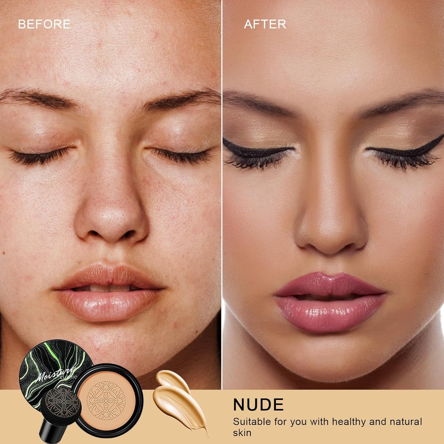 Mushroom Head Air Cushion CC Cream - BB Cream Face Makeup for Mature Skin, Moisturizing Cover Balm Foundation & Long-Lasting Color Correcting Concealer, Even Skin Tone for All Skin Types (Nude)-Velvo Beauty