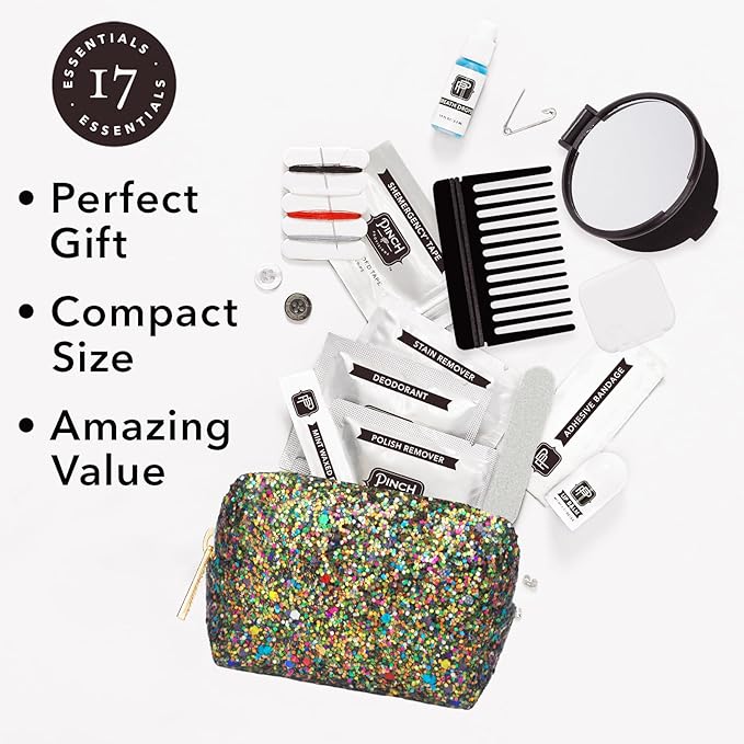 Pinch Provisions Olive Glitter Minimergency Kit, includes 17 Travel-Sized Cosmetic Essentials, Convenient for Purses, Emergency Beauty Accessories, Gifts for Holiday’s & Birthday’s-Velvo Beauty