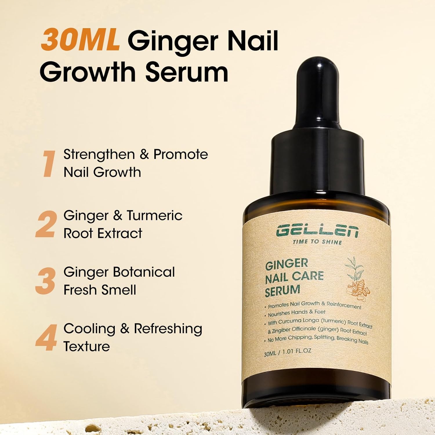 Gellen 30ml Ginger Nail Growth Serum for Nail Strengthener and Growth, Nail Repair Treatment for Weak Brittle Splitting Damaged Nails, Hydrated & Nourished Nail Care Solution for Hands & Feet-Velvo Beauty