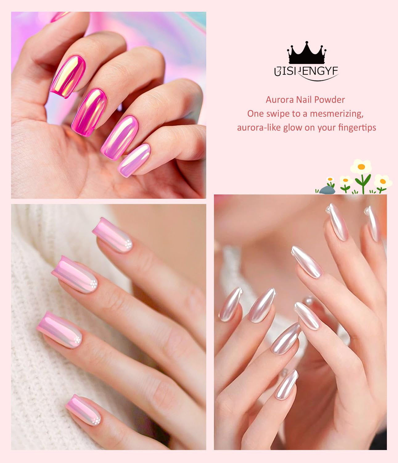 Pearl Chrome Nail Powder BISHENGYF -【Fairy Effect】 Pink Chrome Nail Powder Aurora Mermaid Iridescent White Pearl Clear Nail Chrome Powder, Metallic Mirror Pigment Glitter Dust for Manicure Decoration-Velvo Beauty