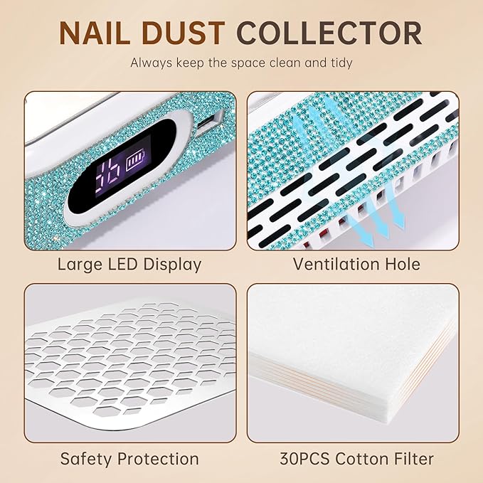 Nail Dust Collector, Rechargeable Dust Collector Nail Tech, Powerful Vacuum Fan Vent Dust Collector Extractor Dust Suction Machine for Acrylic Nails Polishing, Nail Salon&Home, Blue-Velvo Beauty