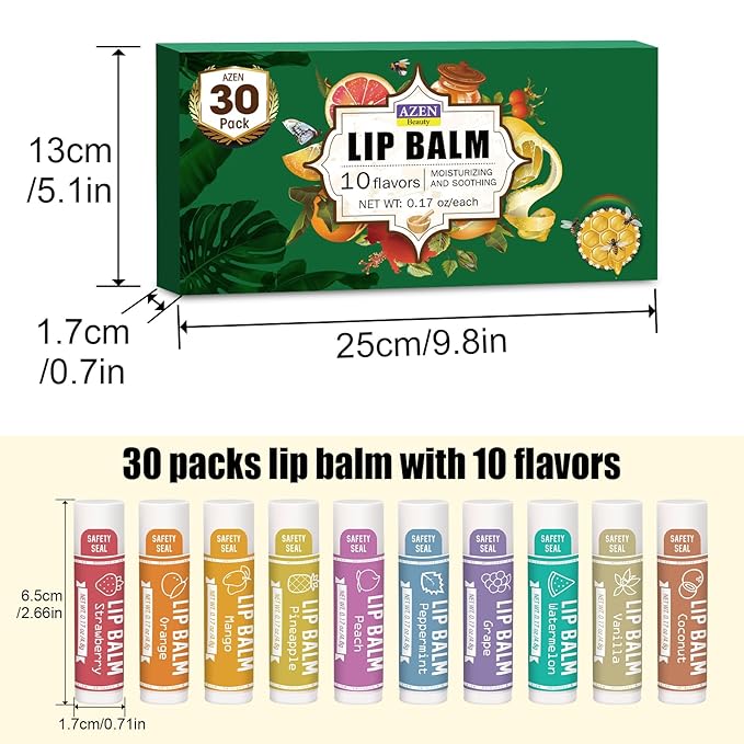 AZEN 30 Pack Lip Balm, Natural Lip Balm Bulk, Lip Care Product, Moisturizing Lip Balm for dry cracked lips - 10 Flavors-Velvo Beauty
