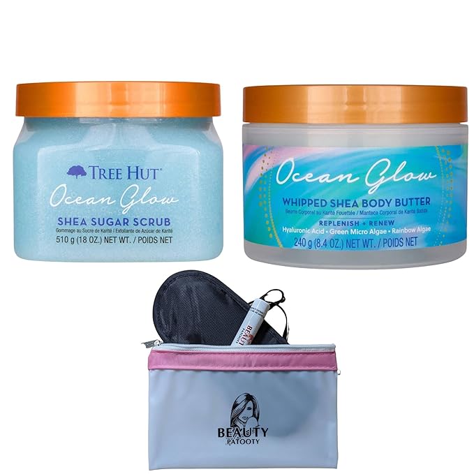 Ocean Glow Shea Sugar Scrub And Whipped Shea Body Butter Bundled With Beauty Patooty Self-Care Kit - Makeup Bag, Lip Balm, And Sleep Mask-Velvo Beauty