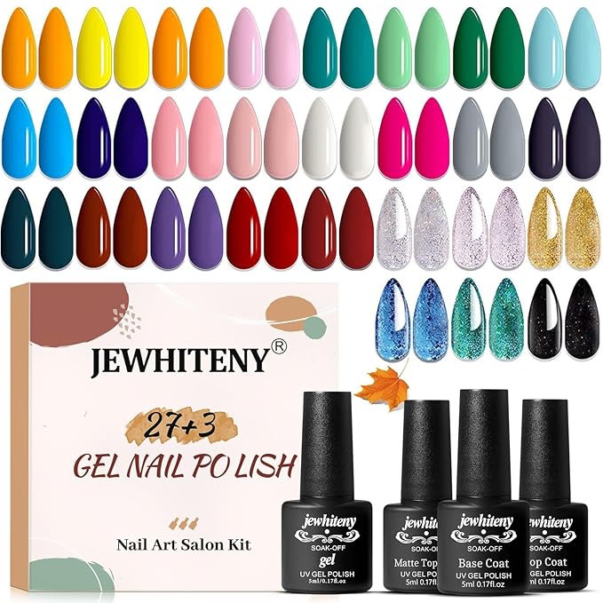 JEWHITENY 30PCS Nail Polish Kit 27 Colors Green Blue Pink Orange Gitter Sock Off Gel Polish with Matte& Glossy Top Base Coat for DIY Nail Art Manucure at Home Salon-Velvo Beauty