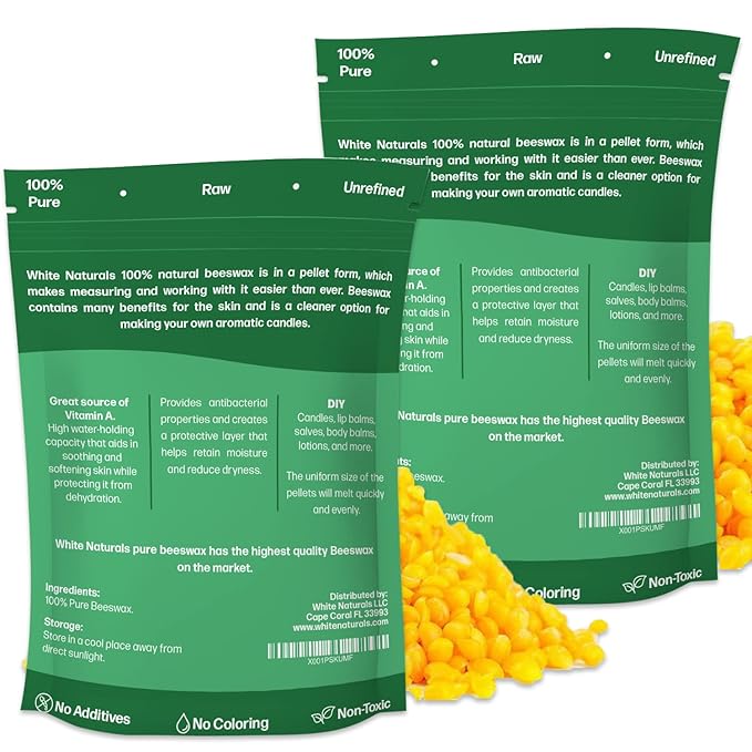 Yellow Beeswax Pellets 2lb (1lb in Each Bag), Pure, Natural, Cosmetic Grade, Organic, Bees Wax Pastilles, 3X Filtered, Great For Candle Making, Soaps, DIY Lip Balms, Lotions By White Naturals-Velvo Beauty