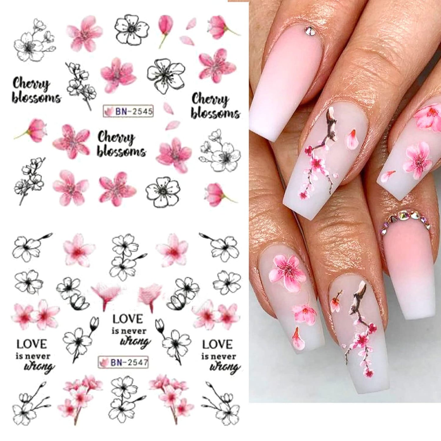 Sakura Water Transfer Nail Stickers - Cherry Blossom & Leaf Designs for Women & Girls - Pink Flower Nail Art Decoration Supplies-Velvo Beauty