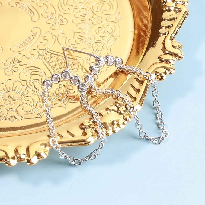 Boho Rhinestone Circle Studs Earrings Silver Cz Hoop Drop Earrings Circle Tassel Dangle Earrings Drop Chain Earrings Jewelry for Women and Girls Gifts-Velvo Beauty