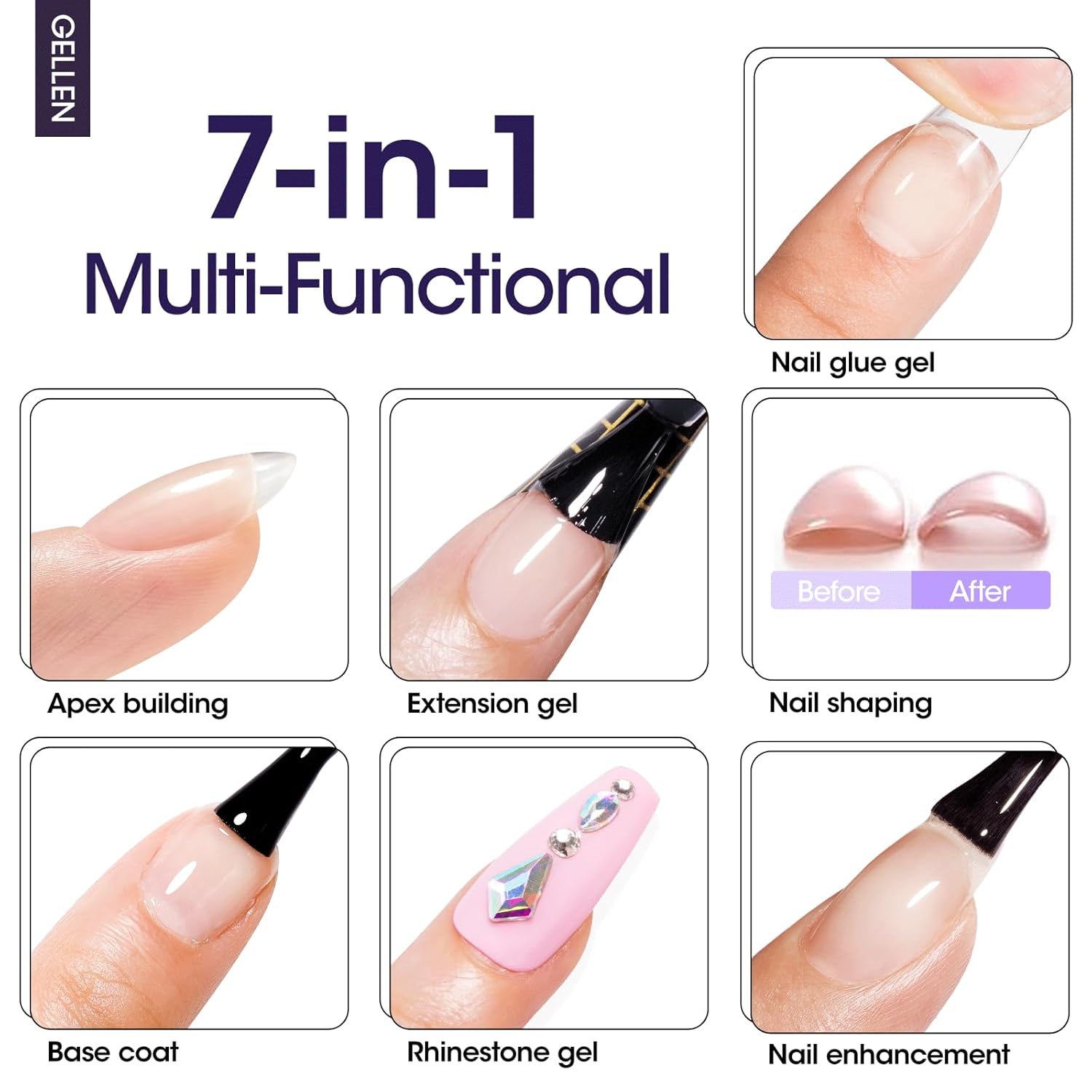 GELLEN 7 in 1 Builder Gel for Nails in a Bottle, 18ml Clear Builder Nail Gel for Nail Extension and Apex Building, UV Light Needed-Velvo Beauty
