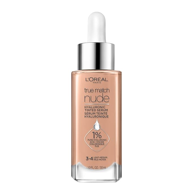 L'Oreal Paris True Match Nude Hyaluronic Tinted Serum Foundation with 1% Hyaluronic acid, Light-Medium 3-4, 1 fl. oz.-Velvo Beauty