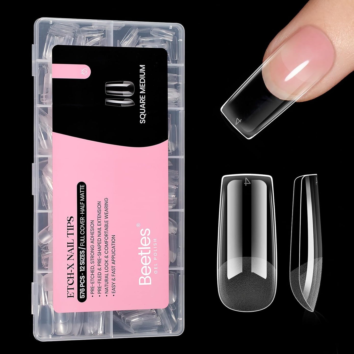 Beetles Nail Tips Medium Square 576Pcs 12 Sizes - Pre-Etched Soft Acrylic Nail Tips Half Matte False Nails Nail Art Full Cover Press Ons Nail Extensions Gift Set Home DIY Nail Salon-Velvo Beauty