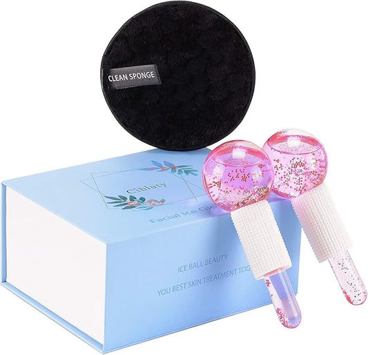 Facial Ice beauty ball- 2PC Globes Pink Facial Roller for Cold or Hot Skin Massagers Globe Durable Quartz Glass for Face and Eye Rollers Reduce Puffiness-Velvo Beauty