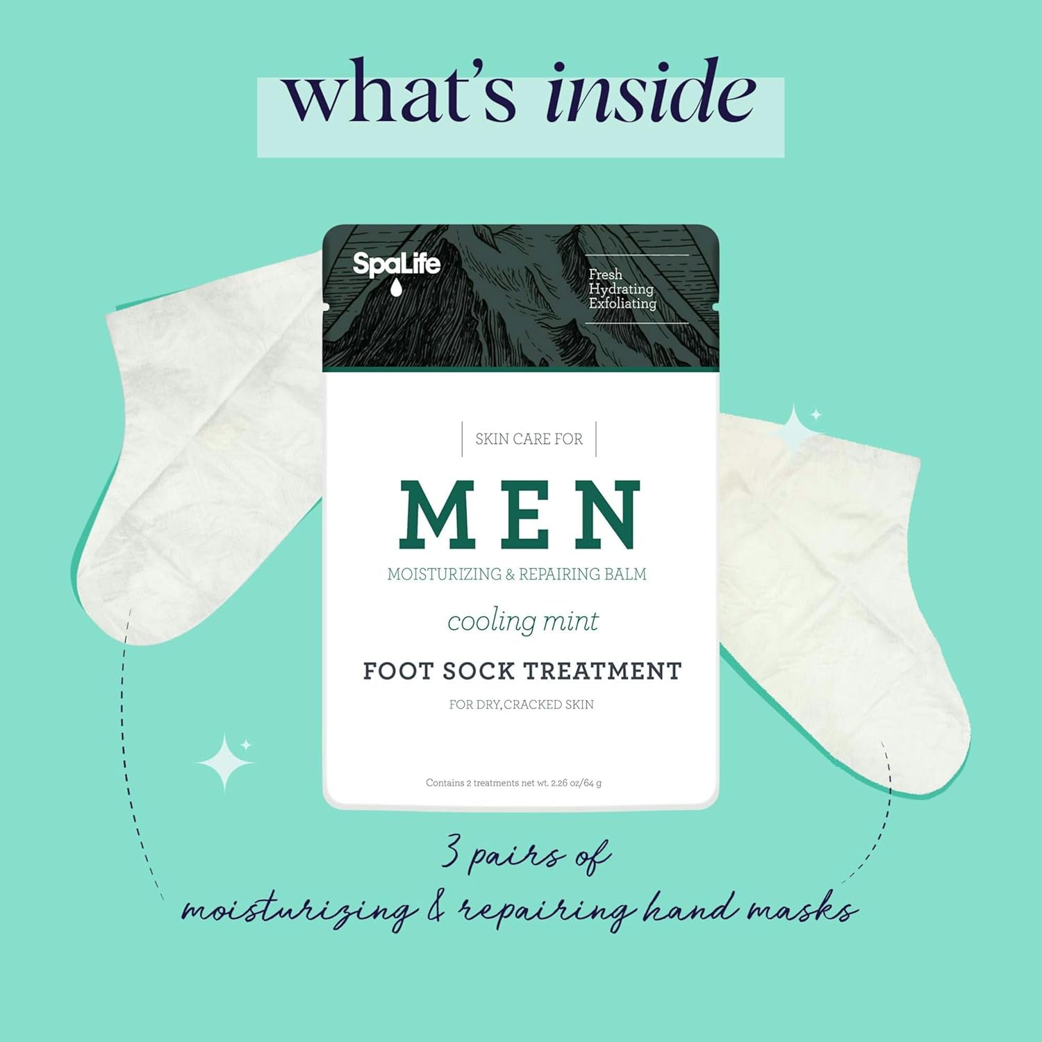 Spa Life Men's Cooling Mint Foot Repair Balm and Moisturizing Socks Set - Revitalizing Hydrating Foot Mask for Soothing Tired, Achy Feet and Softening Dry, Cracked Skin One Size Fits Most- 6 Pairs-Velvo Beauty