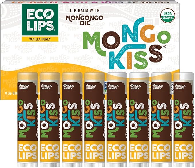 Mongo Kiss USDA Organic Lip Balm Set 8-pack (0.15 oz. each) with Mongongo Oil & Cocoa Butter to Moisturize Chapped Lips | Made in USA by Eco Lips - Honey Vanilla-Velvo Beauty