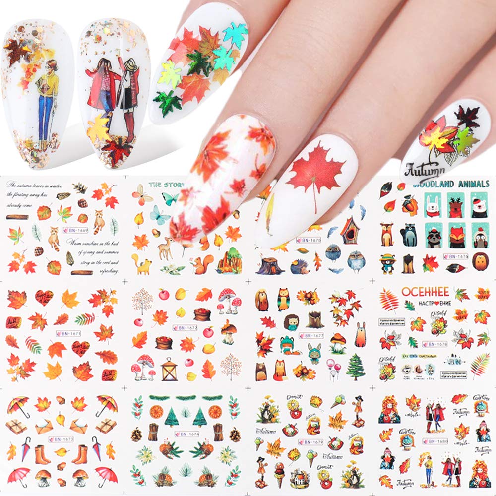 Fall Nail Stickers Autumn Maple Leaf Nail Art Decals Thanksgiving Day Water Decal Transfer Slider Set Turkey Pumpkin Nail Art Foil Stickers Nail Supplies Accessories Decoration Manicure Tips 12 Design-Velvo Beauty