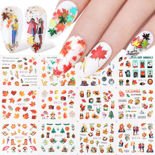 Fall Nail Stickers Autumn Maple Leaf Nail Art Decals Thanksgiving Day Water Decal Transfer Slider Set Turkey Pumpkin Nail Art Foil Stickers Nail Supplies Accessories Decoration Manicure Tips 12 Design-Velvo Beauty