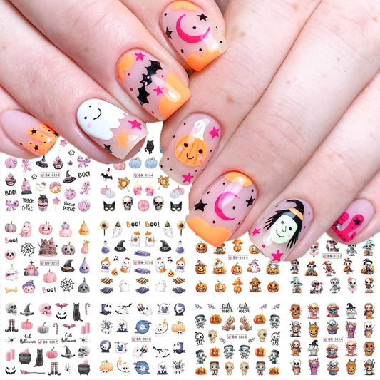 Halloween Nail Decals - Cute Cartoon Water Transfer Foil for Women - Pink Pumpkin Ghost Skeleton Witch Bat Designs - DIY Nail Art Decor - 12Pcs-Velvo Beauty