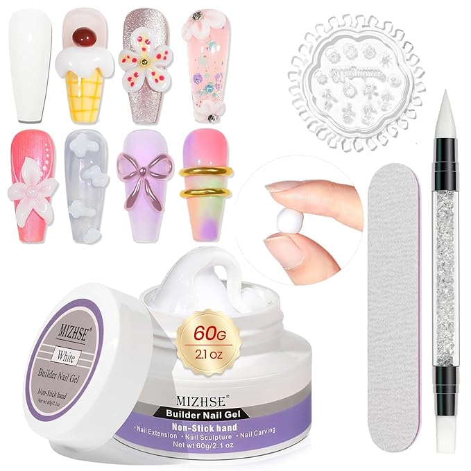 MIZHSE Solid Builder Gel for Nails, 60g White 3D Gel Nail Art Sculpting Non-Sticky Carving Hard Extension Soak Off UV LED for Salon Manicure Home DIY-Velvo Beauty