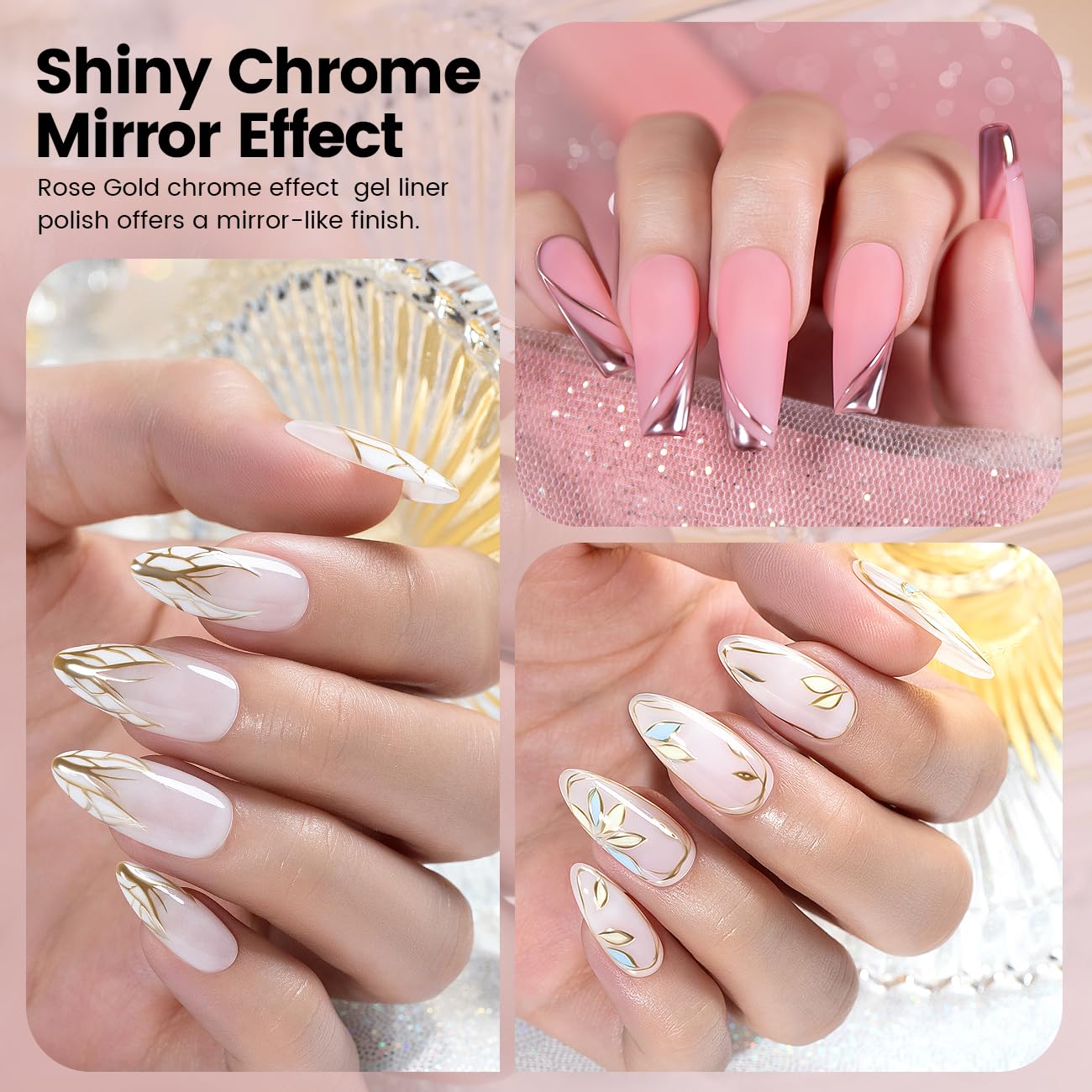 RARJSM Metallic Chrome Gel Liner Nail Art 3D Mirror Bronze Gold Rose Gold Effect Gel Nail Polish 8ml Painting Build in Thin Brush Metal Painted Drawing Striper GelPolish Curing Requires Home Salon-Velvo Beauty