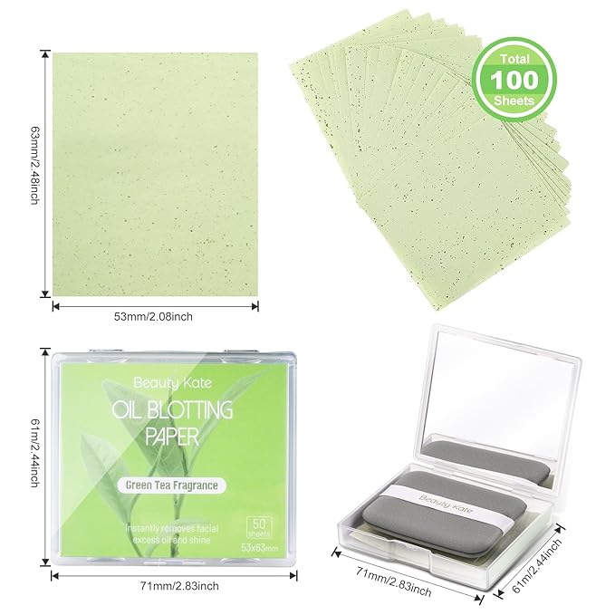 2 Pack Oil Blotting Sheets for Face, Oil Blotting Paper Green Tea Total 100 sheets with Portable Mirror Case & Makeup Puff Makeup Friendly-Velvo Beauty
