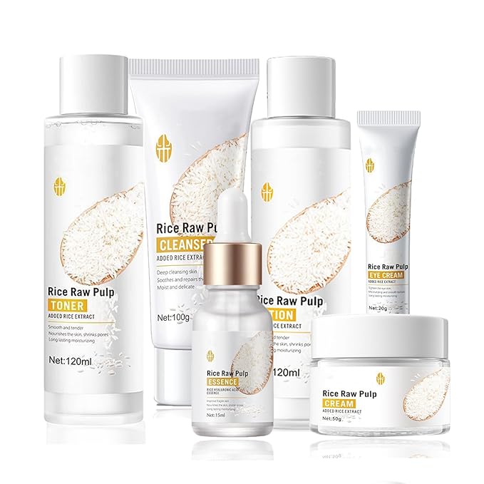 Skincare Gifts for Teenage Girls - Rice Raw Pulp Skin Care Sets & Kits - 6PCS Pamper Gifts for Women with Facial Cleanser-Toner-Eye Cream-Essence-Emulsion-Cream - Gift Set for Firming Hydrating Skin-Velvo Beauty