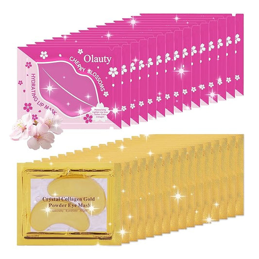 30 Pairs Lip Masks & Eye Mask, 24K Gold Gel Crystal Collagen Eye Patches for Puffy Eyes and Dark Circles Eyes, Effectively Nourishes the Lip & Eye Skin, Reducing Wrinkles and Fine Lines-Velvo Beauty