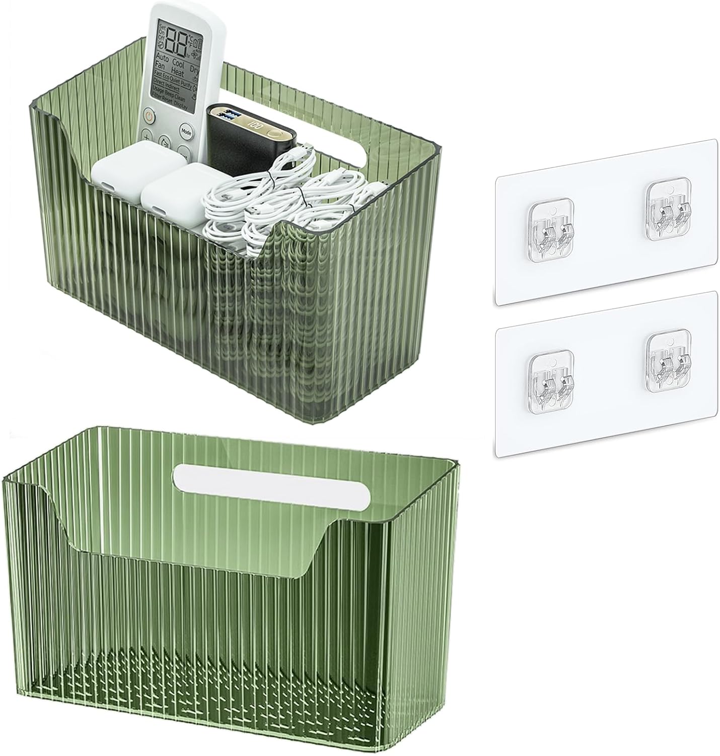 Set Of 2 Storage Organizer Bins Wall Mounted Shower Basket, Shower Caddy Stackable Clear Plastic Makeup Organizer Adhesive Hanging Bin for Bathroom, Kitchen, Cabinet, Pantry, BPA Free, Green-Velvo Beauty