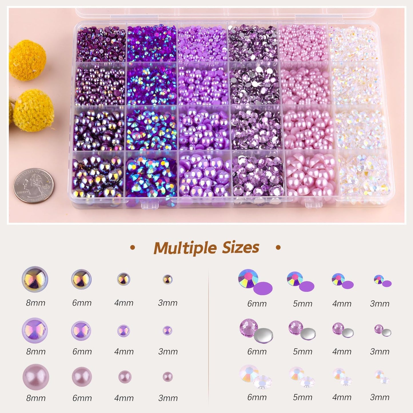 9000PCS Flatback Pearls and Rhinestones for Crafting, Purple Mixed Size 3-10mm Resin Rhinestones and Half Pearls for Bedazzling, Nail Art and Decoration with Tweezer and Pickup Pencil-Velvo Beauty