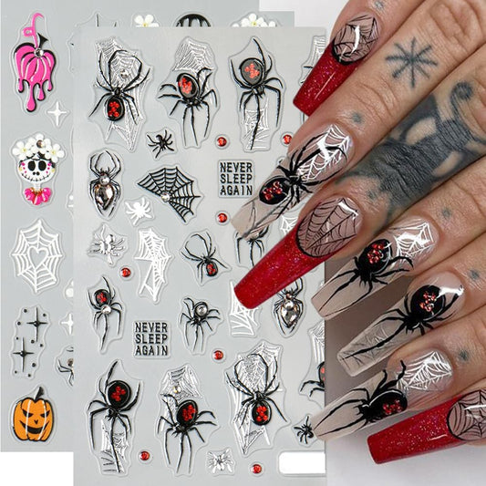 2Pcs Halloween Nail Stickers 5D Embossed Self Adhesive Day of The Dead Nail Decals with Cute Ghost Design Spider Web Pumpkin Nail Art Stickers Halloween Nail Supplies Nail Art Decoration for Women-Velvo Beauty