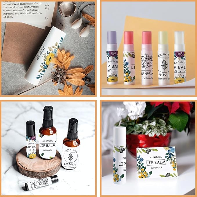 OLYCRAFT 100Pcs 4 Styles Lipstick Tag Stickers Flower Lip Balm Label Sticker 2.1x1.7 inch Self Adhesive Lipstick Labels with Handmade Words for Lip Balm Container Tubes Wrapping Decorations-Velvo Beauty