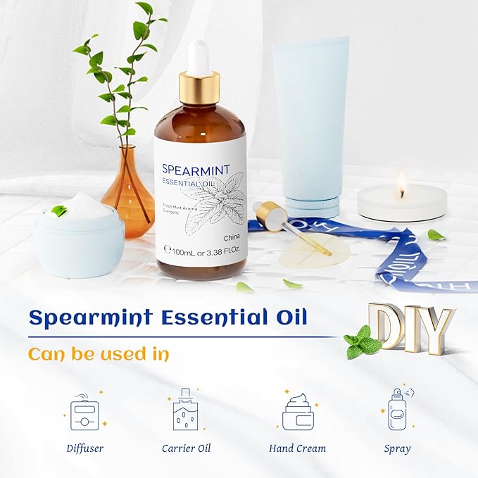 HIQILI 100ML Spearmint Oil for Skin Care, Facial, Can be Added to Lotions, Creams -100% Pure Natural Treatment Grade - 3.38 Fl Oz-Velvo Beauty