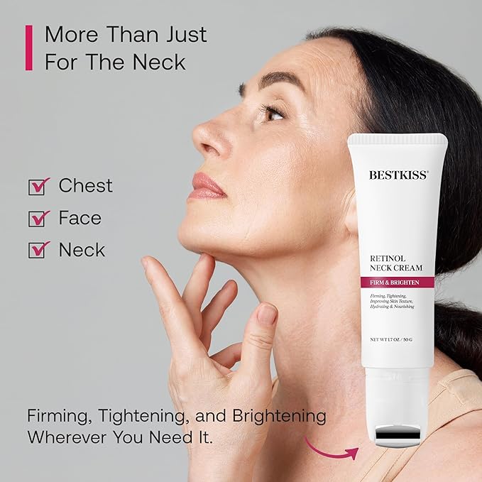 Retinol Neck Firming Cream with Cooling & Massaging Roller Applicator - Hydrates, Lifts, Smoothes Wrinkles, Fine Lines & Tightens Sagging Skin with Niacinamide & Hyaluronic Acid, 1.7oz/50g-Velvo Beauty