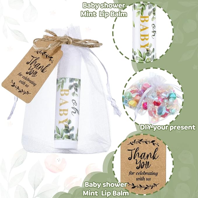 Demissle 50 Pcs Baby Shower Lip Balm Gift Set with 100 Pcs Organza Bags Baby Shower Party Favor for Guest Thank You Tag Rope Baby Shower Party Decoration Gender Reveal Souvenirs (Leaves)-Velvo Beauty