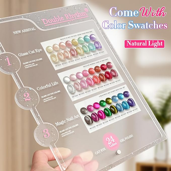 Double Rhythm 28Pcs 0.5Oz Glass Cat Eye Gel Nail Polish Set Same Color Same Bottle Soak Off Magnetic Jelly Gel Polish Kit Nail Art Manicure Salon DIY at Home (Nude Pink Blue Green-T24-10)-Velvo Beauty