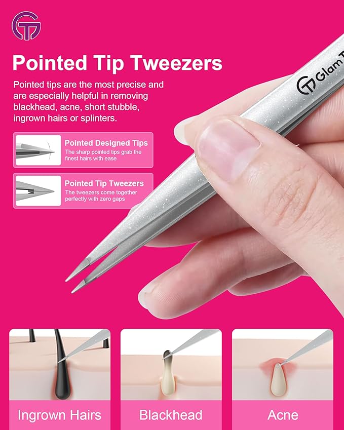 Expert Slant and Point Tip Tweezer Set with Exclusive Travel Case, GlamTweeler Sharp & Precision Tweezer Set for Eyebrows, Facial Hairs & Fine Hairs Removal (Sparkle Purple & Turquoise + Silver)