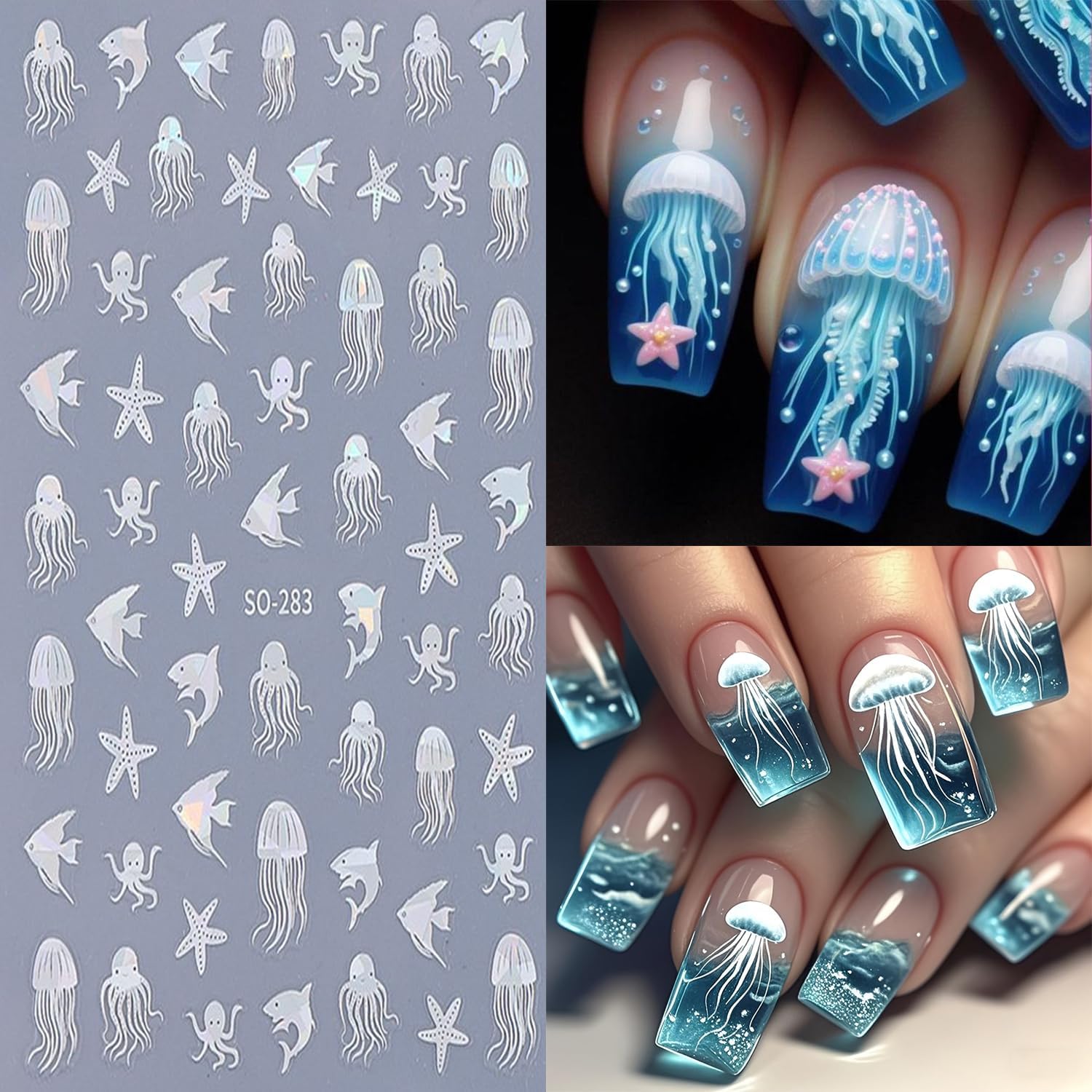 6 Sheets Ocean Animals Nail Art Stickers 3D Self -Adhesive Starfish Jellyfish Nail Decals Holographic Cute Koi Fish Octopus Nail Stickers Summer Nail Decoration for Women Manicure Supplies-Velvo Beauty