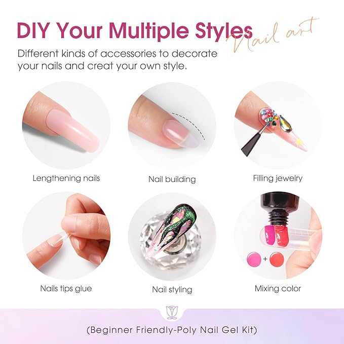 ROSALIND Poly Nail Gel Colors Kit -14 Colors +72 Nail Art Accessories kit Glitter Poly Nails Gel Kit Starter Kit with Mini UV Lamp Slip Solution Nude Pink Poly Nail Art for Beginners with Everything-Velvo Beauty