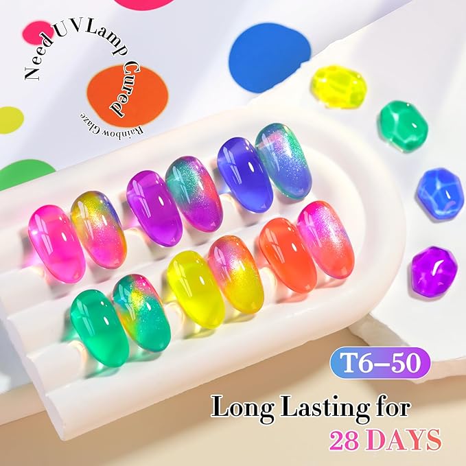 Double Rhythm 6 Pcs 15 ML Gel Polish Set Same Color Same Bottle Soak Off Jelly Neon Gel Polish Kit Nail Art Manicure Salon DIY at Home (Pink Purple Blue Green Yellow Green-T6-50)-Velvo Beauty