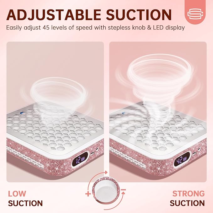 Nail Dust Collector, Rechargeable Dust Collector Nail Tech, Powerful Vacuum Fan Vent Dust Collector Extractor Dust Suction Machine for Acrylic Nails Polishing, Nail Salon&Home, Pink-Velvo Beauty