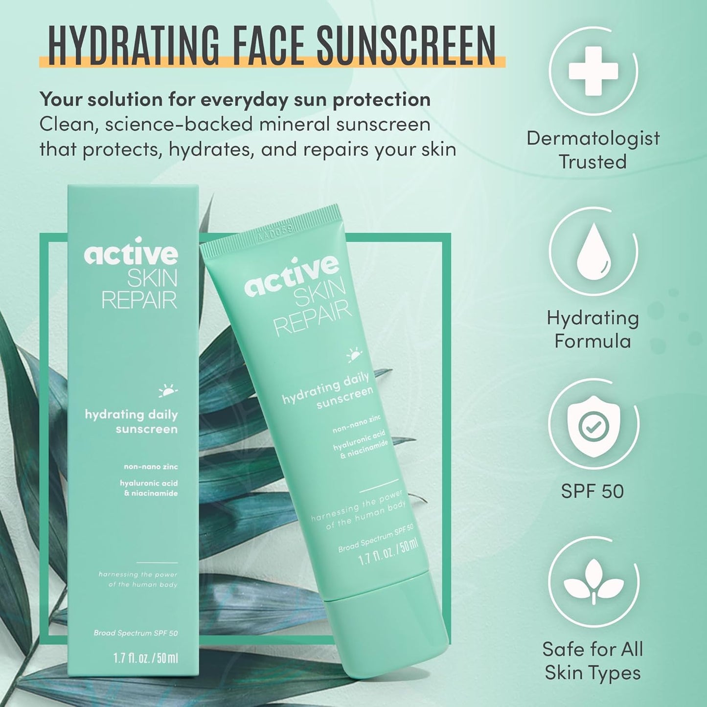 Active Skin Repair SPF 50 Hydrating Daily Sunscreen and Face Moisturizer, Non-Nano Zinc, Non-Toxic Broad Spectrum Protection Hydrating Mineral Facial Sunscreen, 1.7 fl. oz.-Velvo Beauty