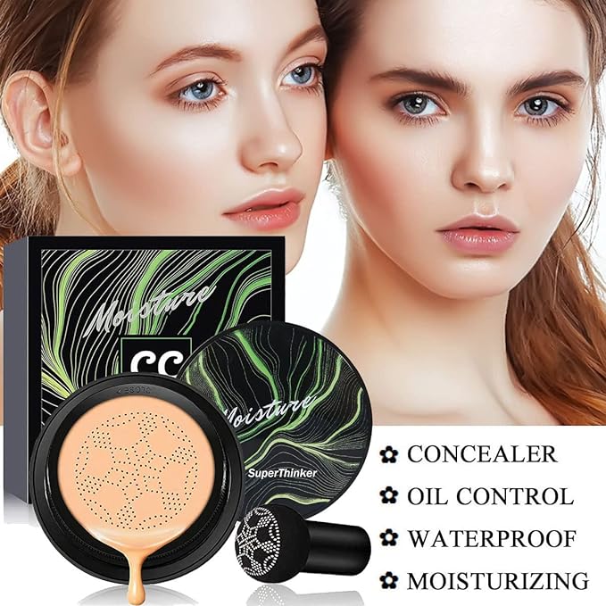 Air Cushion CC Cream Mushroom Head Cushion Foundation, BB Cream Face Makeup for Mature Skin Moisturizing Concealer Brighten Long-Lasting, Even Skin Tone for All Skin Types (Buff Beige)-Velvo Beauty