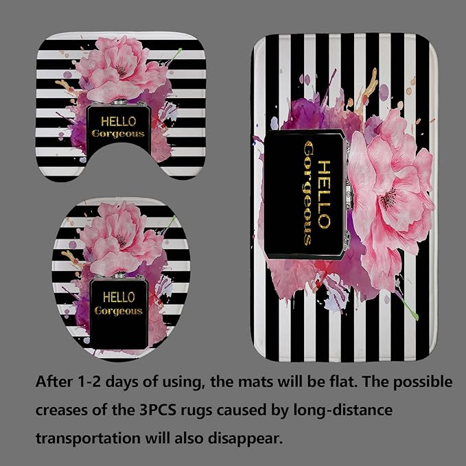 4PCS Gold Glitter Hello Gorgeous Shower Curtain Set, Watercolor Pink Floral Black and White Striped Perfume Makeup Modern Fashion Women Bathroom Decor, Non-Slip Bath Mat Toilet Rug, Hibiscus-Velvo Beauty